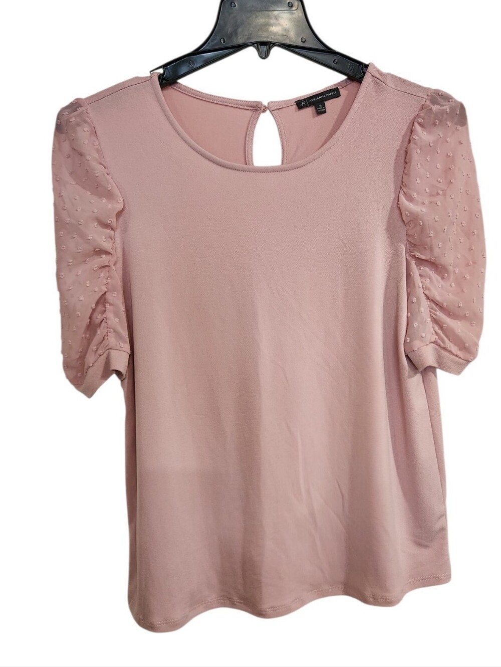 Adrianna Papell Size Medium Blush Pink Blouse Top Swiss Dot Puff Sheer Sleeve